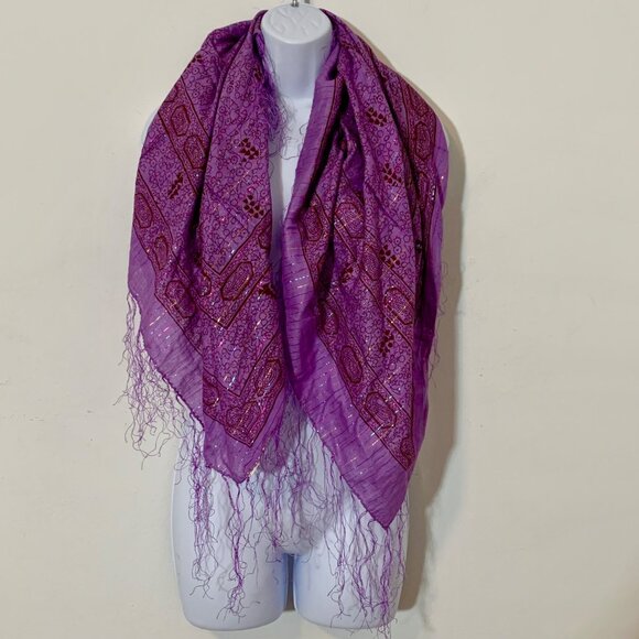 Purple Burgundy Square Scarf Floral Design Fringe & Metallic Rainbow Accents - Picture 2 of 6